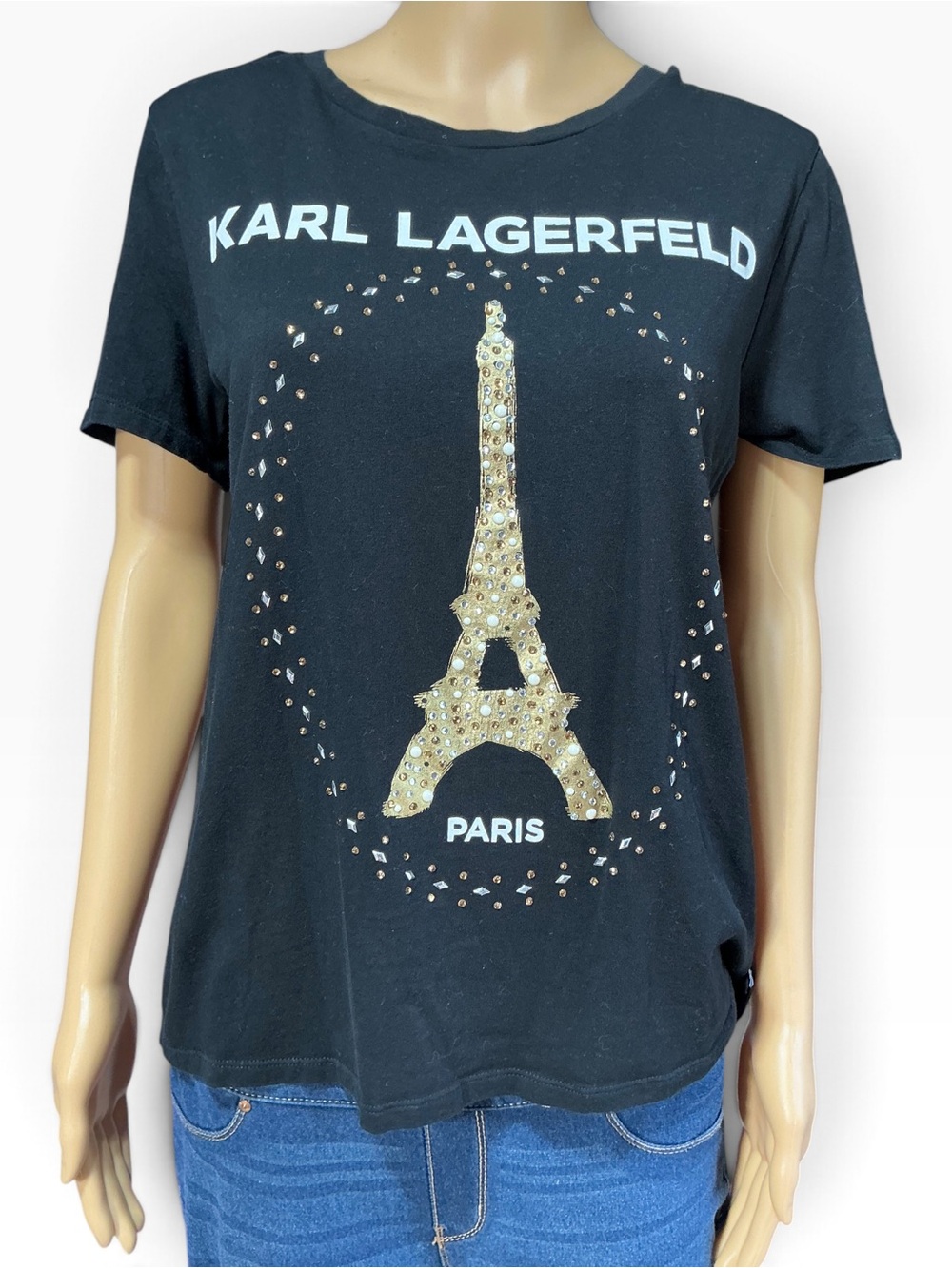 Karl Lagerfeld Black Tee with Gold Eiffel Tower and Logo